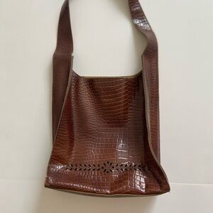 Brown Leather Shoulder Tote Bag with Unique Floral Detailing Cutouts